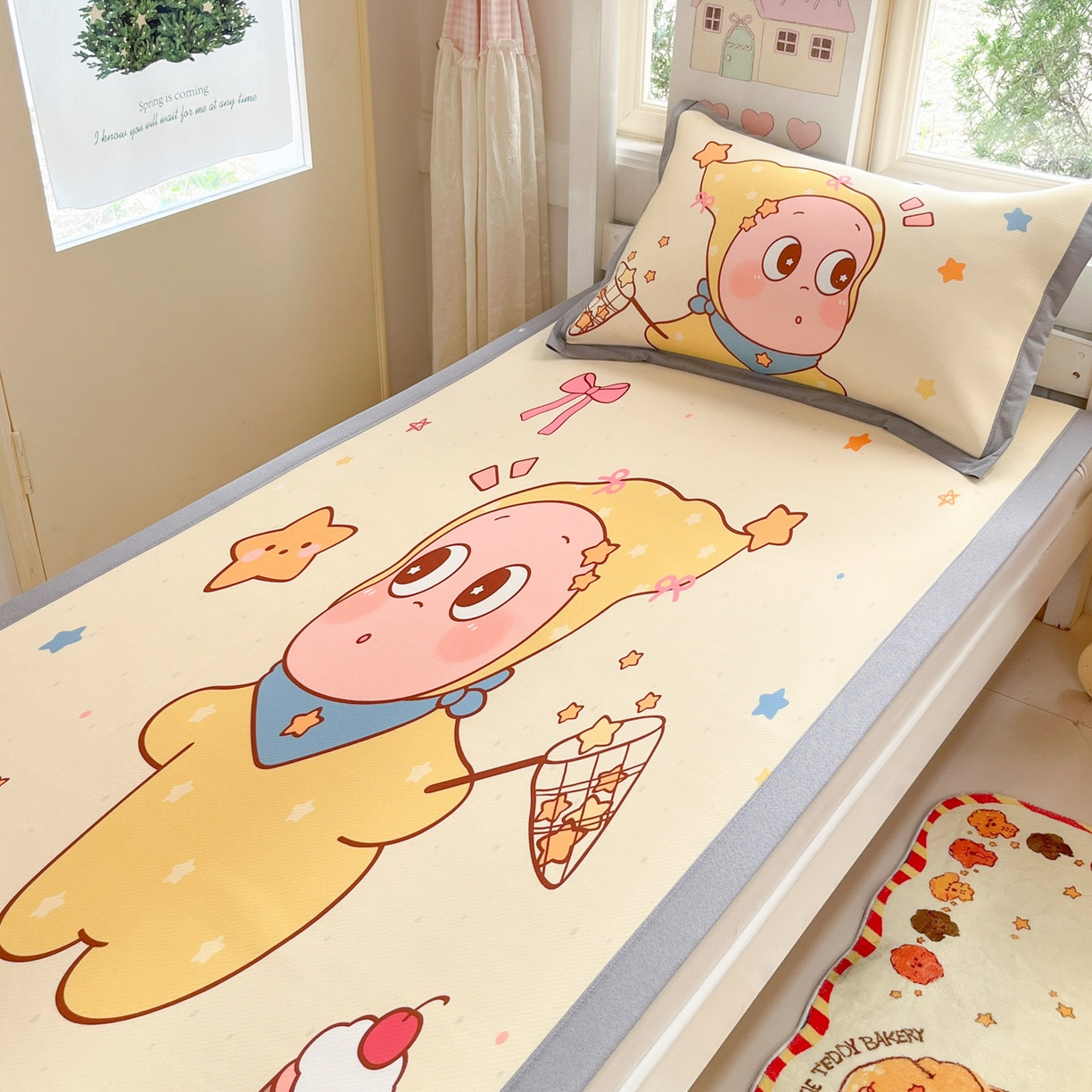 91家纺网 家纺一手货源 找家纺 川悦生活 2026新款凉豆豆大阪卡通学生床凉席席子凉席 亮星星