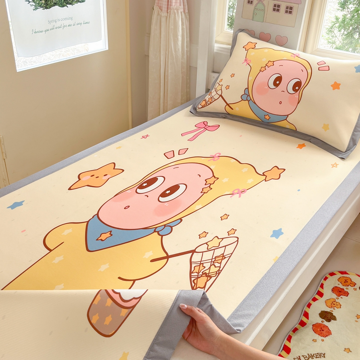 91家纺网 家纺一手货源 找家纺 川悦生活 2026新款凉豆豆大阪卡通学生床凉席席子凉席 亮星星