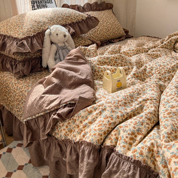 91家纺网 家纺一手货源 找家纺 梵希雅 2026新款床盖款花边夏被四件套 暖橘枝