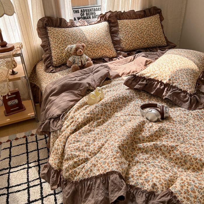 91家纺网 家纺一手货源 找家纺 梵希雅 2026新款床盖款花边夏被四件套 暖橘枝