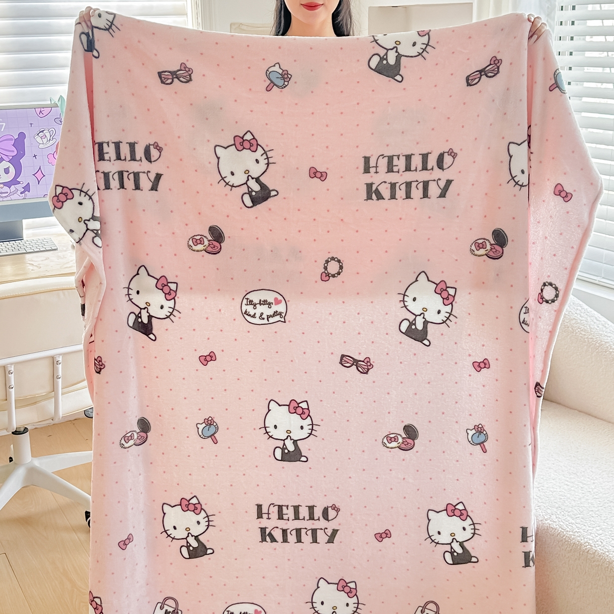 91家纺网 家纺一手货源 找家纺 博雅 2026新款三丽鸥小版牛奶绒盖毯午睡毯 小版-美妆KT猫