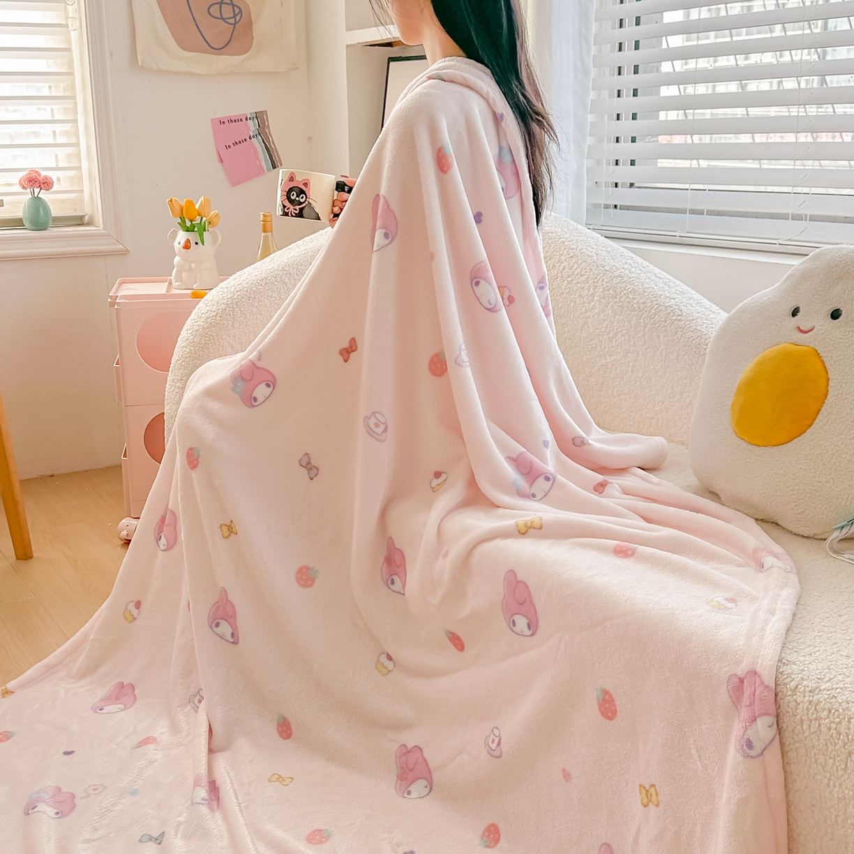 91家纺网 家纺一手货源 找家纺 博雅 2026新款三丽鸥小版牛奶绒盖毯午睡毯 小版-下午茶美乐蒂
