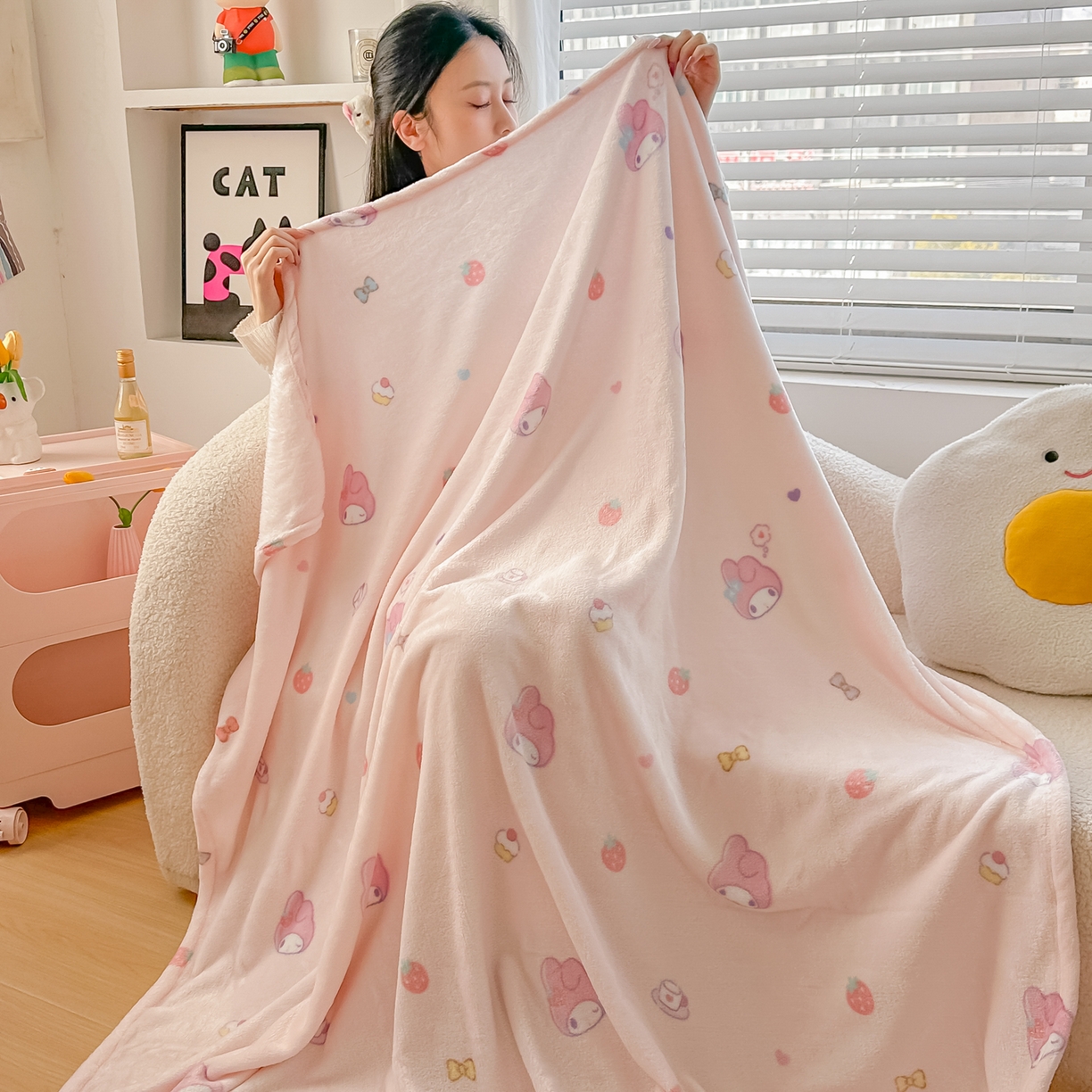 91家纺网 家纺一手货源 找家纺 博雅 2026新款三丽鸥小版牛奶绒盖毯午睡毯 小版-下午茶美乐蒂