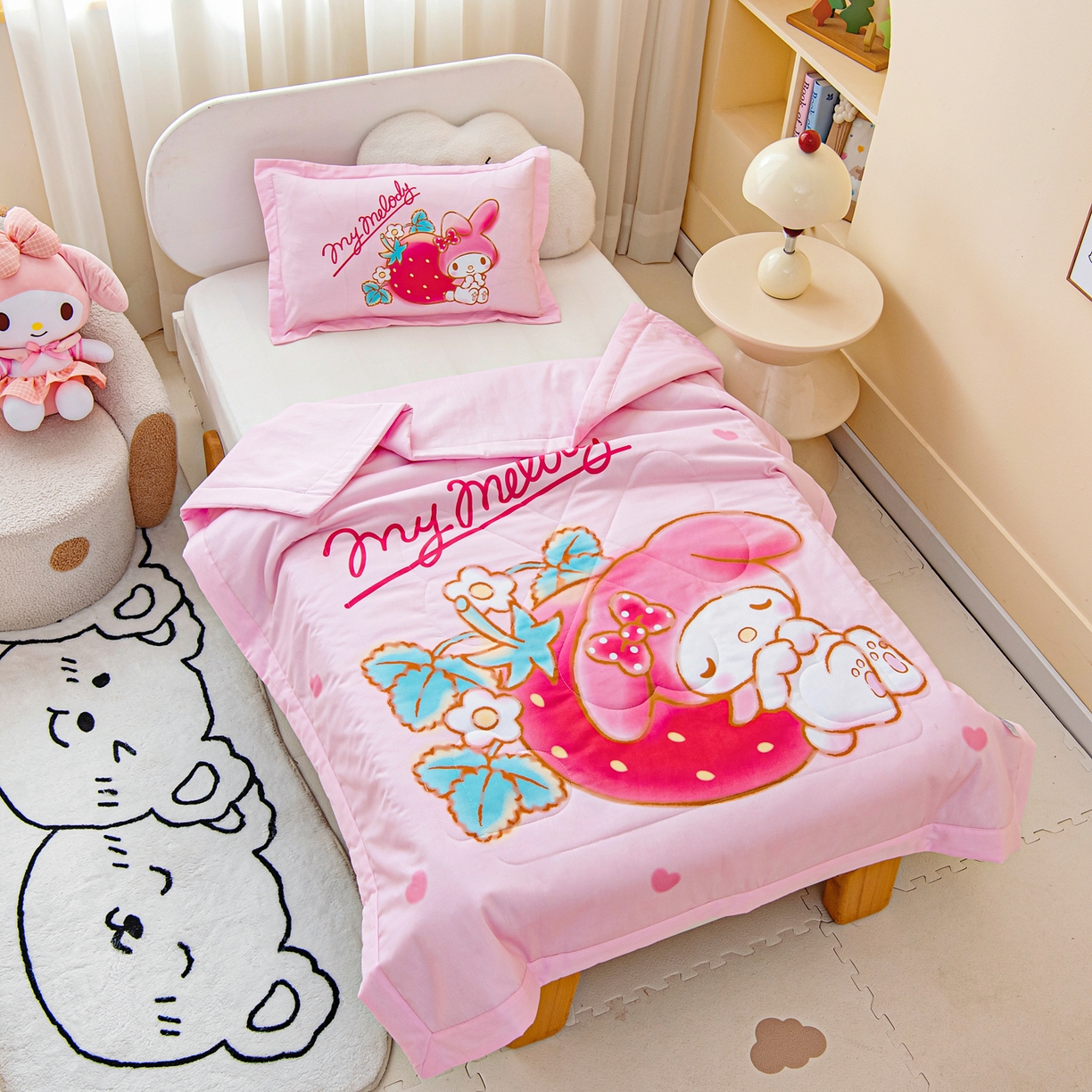 91家纺网 家纺一手货源 找家纺 乐秀家纺 2026新款三丽鸥大版全棉幼儿园空调被纯棉儿童夏凉被 睡梦美乐蒂