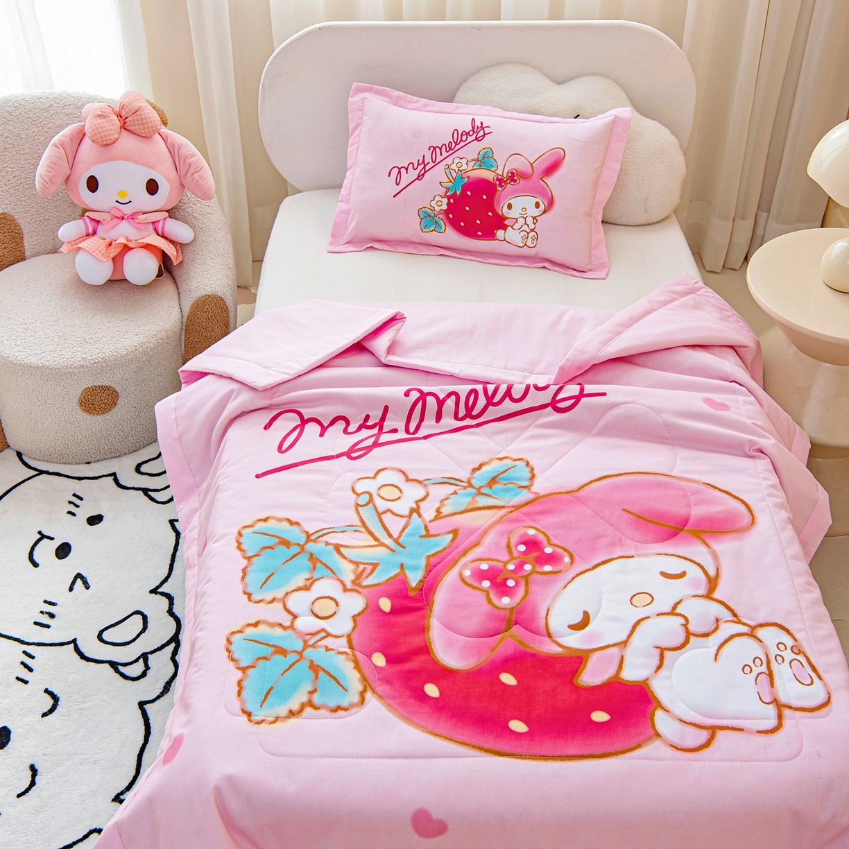 91家纺网 家纺一手货源 找家纺 乐秀家纺 2026新款三丽鸥大版全棉幼儿园空调被纯棉儿童夏凉被 睡梦美乐蒂