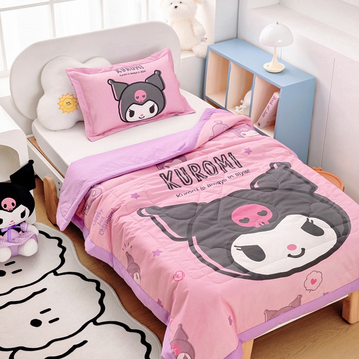 91家纺网 家纺一手货源 找家纺 乐秀家纺 2026新款三丽鸥大版全棉幼儿园空调被纯棉儿童夏凉被 黑酷使者