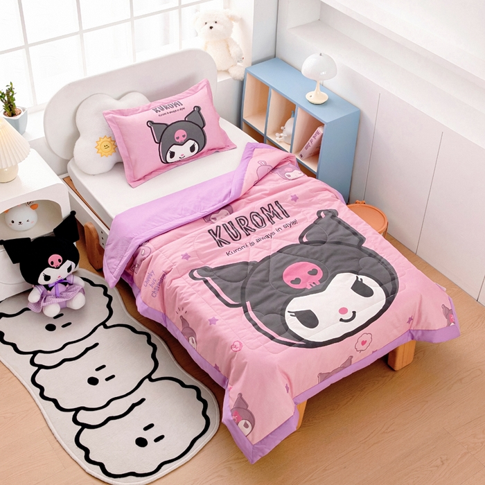 91家纺网 家纺一手货源 找家纺 乐秀家纺 2026新款三丽鸥大版全棉幼儿园空调被纯棉儿童夏凉被 黑酷使者