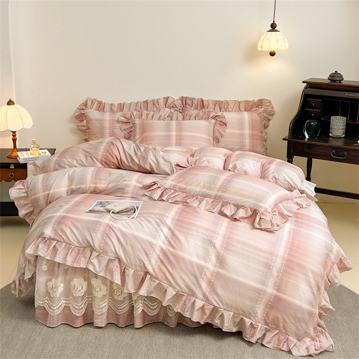 91家纺网 家纺一手货源 找家纺 宜凡家纺 2026新款全棉数码印花单层床裙②号系列三件套 光之羽-紫