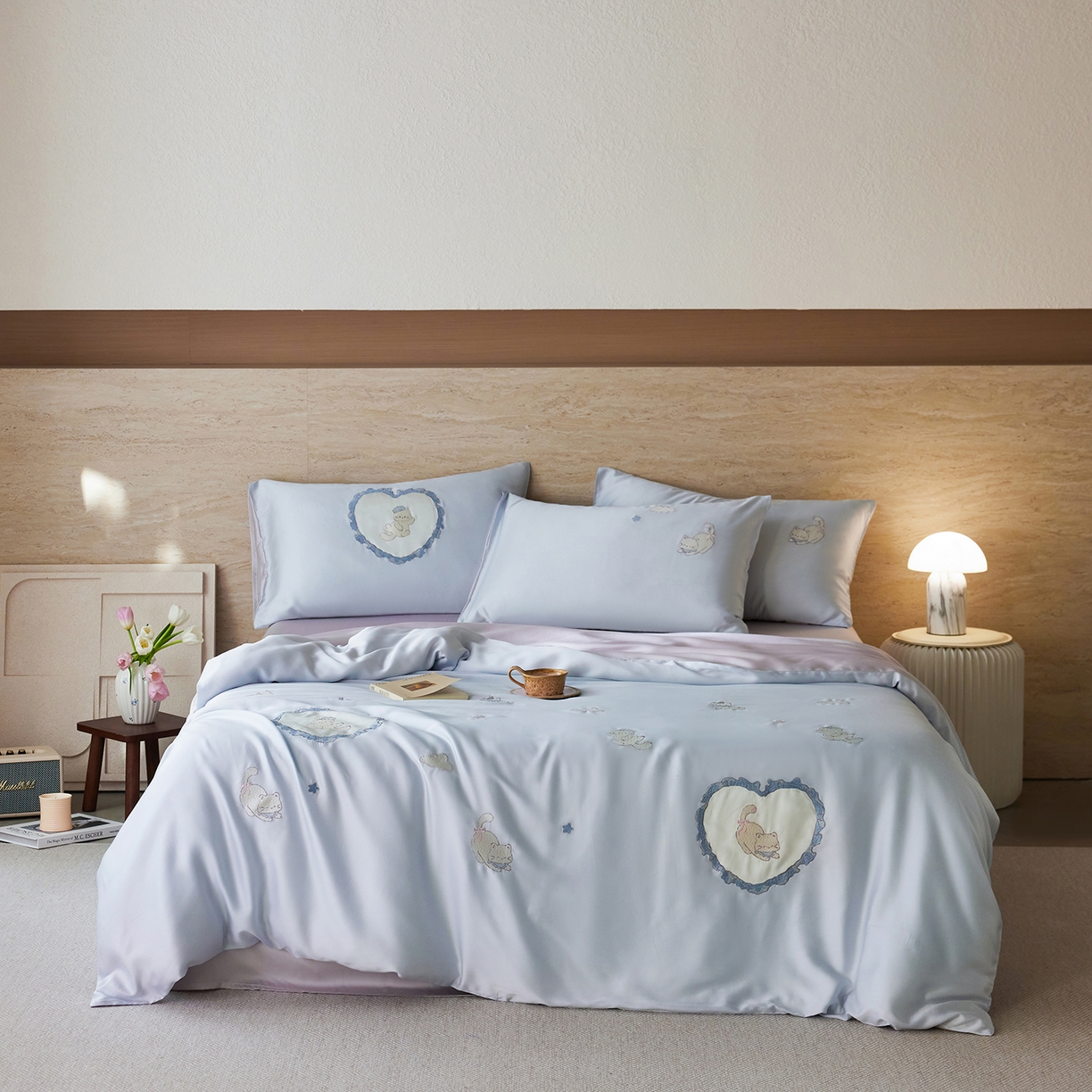 风向标家纺 2026新款兰精天丝绣花四件套-萌宠系列 蓝心喵语