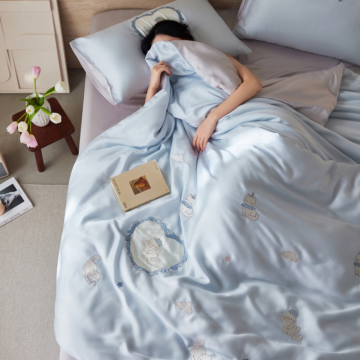 91家纺网 家纺一手货源 找家纺 风向标家纺 2026新款兰精天丝绣花四件套-萌宠系列 蓝心喵语