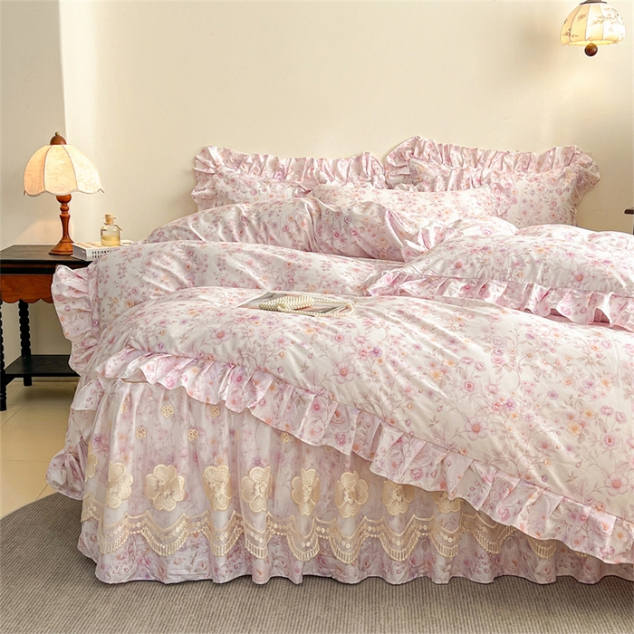 91家纺网 家纺一手货源 找家纺 宜凡家纺 2026新款全棉数码印花单层床裙②号系列三件套 恬静