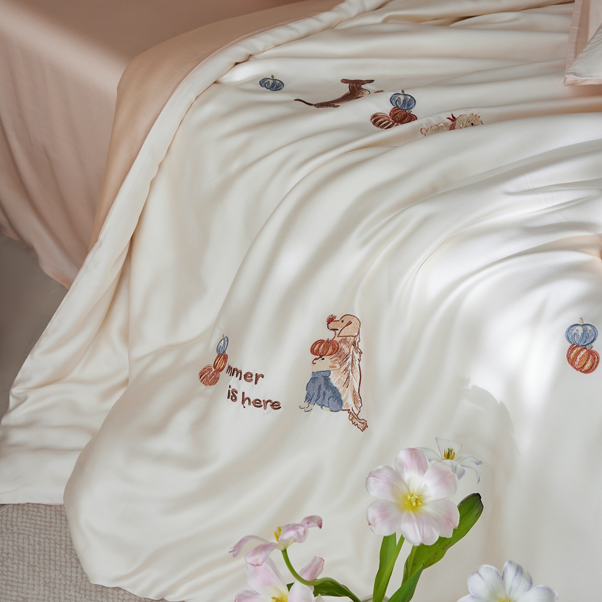 91家纺网 家纺一手货源 找家纺 风向标家纺 2026新款兰精天丝绣花四件套-萌宠系列 南瓜夏语