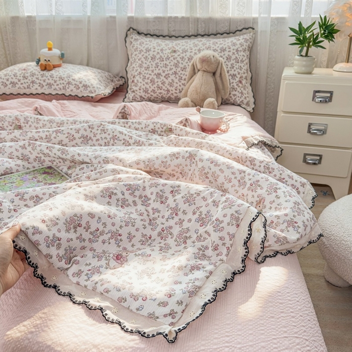 91家纺网 家纺一手货源 找家纺 赫本家纺 2026新款全棉镂空花边云感印花双层纱夏被四件套 暖茶花园