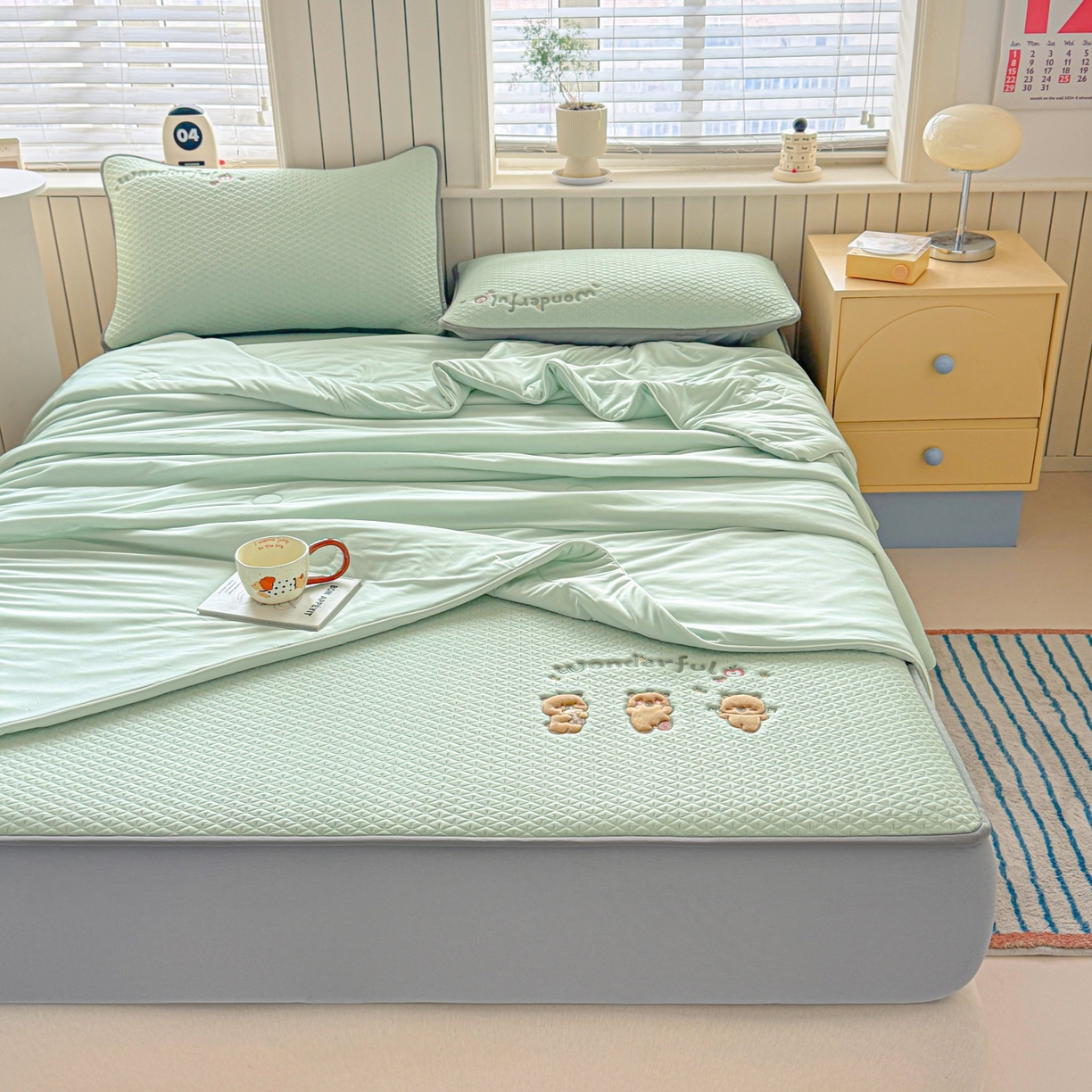 欧邦 2026新款PE中分子刺绣复合床笠款冰豆豆夏被套件-卡皮巴拉系列 卡皮-绿