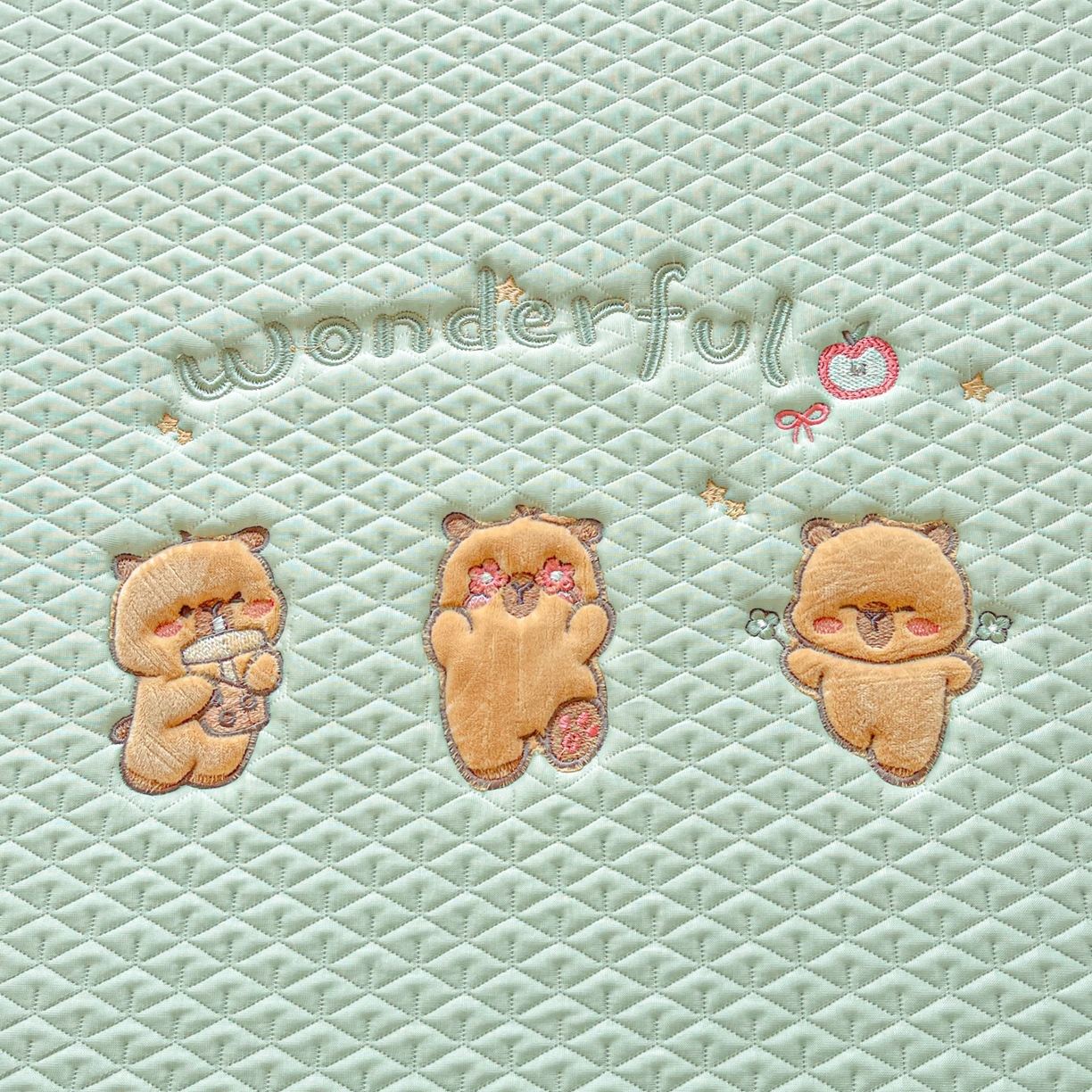 91家纺网 家纺一手货源 找家纺 欧邦 2026新款PE中分子刺绣复合床笠款冰豆豆夏被套件-卡皮巴拉系列 卡皮-绿