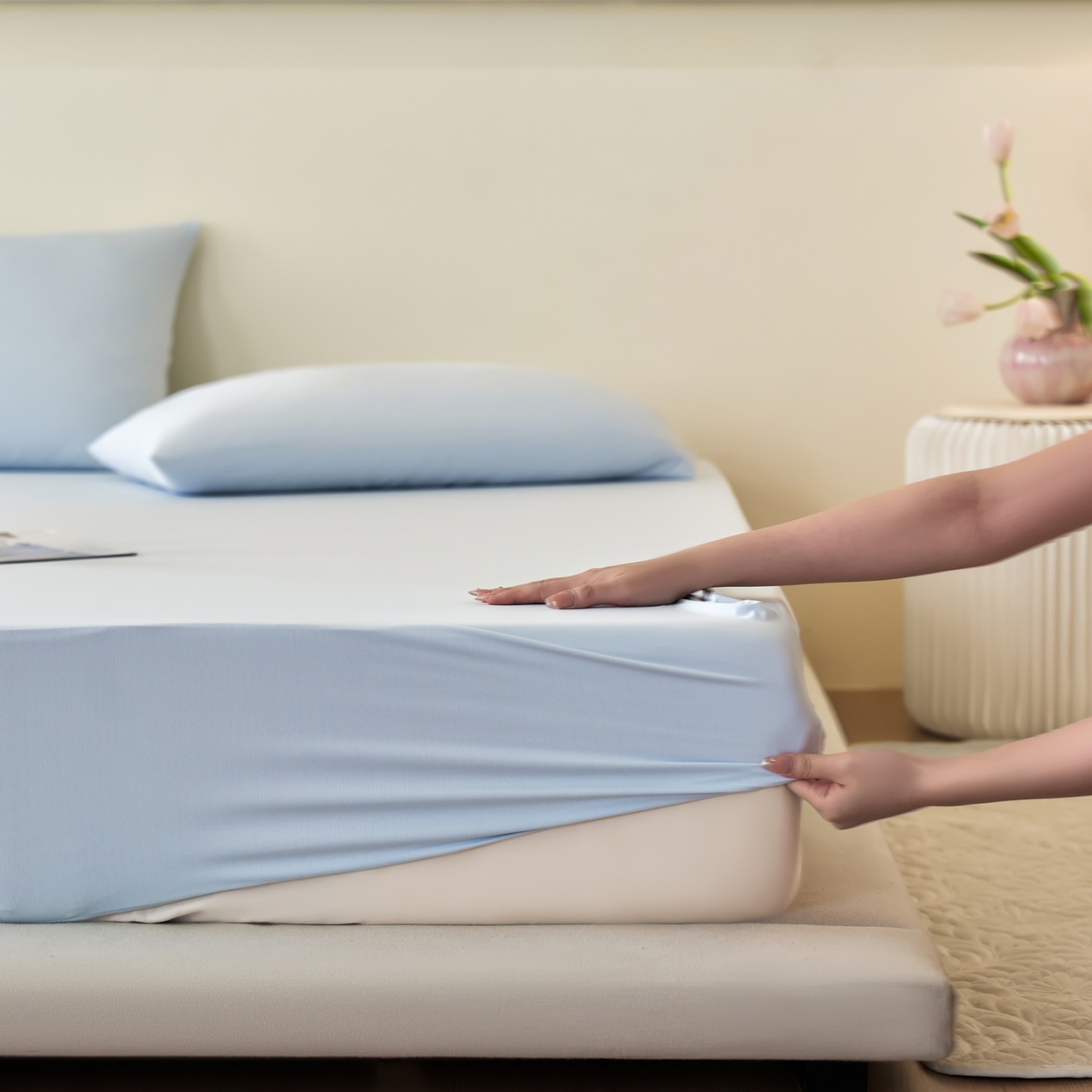 91家纺网 家纺一手货源 找家纺 亿梵家居 2026新款A类锦氨凉感床笠某姆同款冰皮纯色床笠全包围三件套 天空蓝