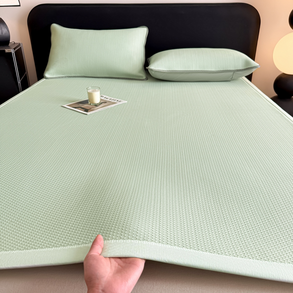 欧邦 2026新款PE中分子提花冰豆豆床笠凉席 蜂巢-草绿-凉席款