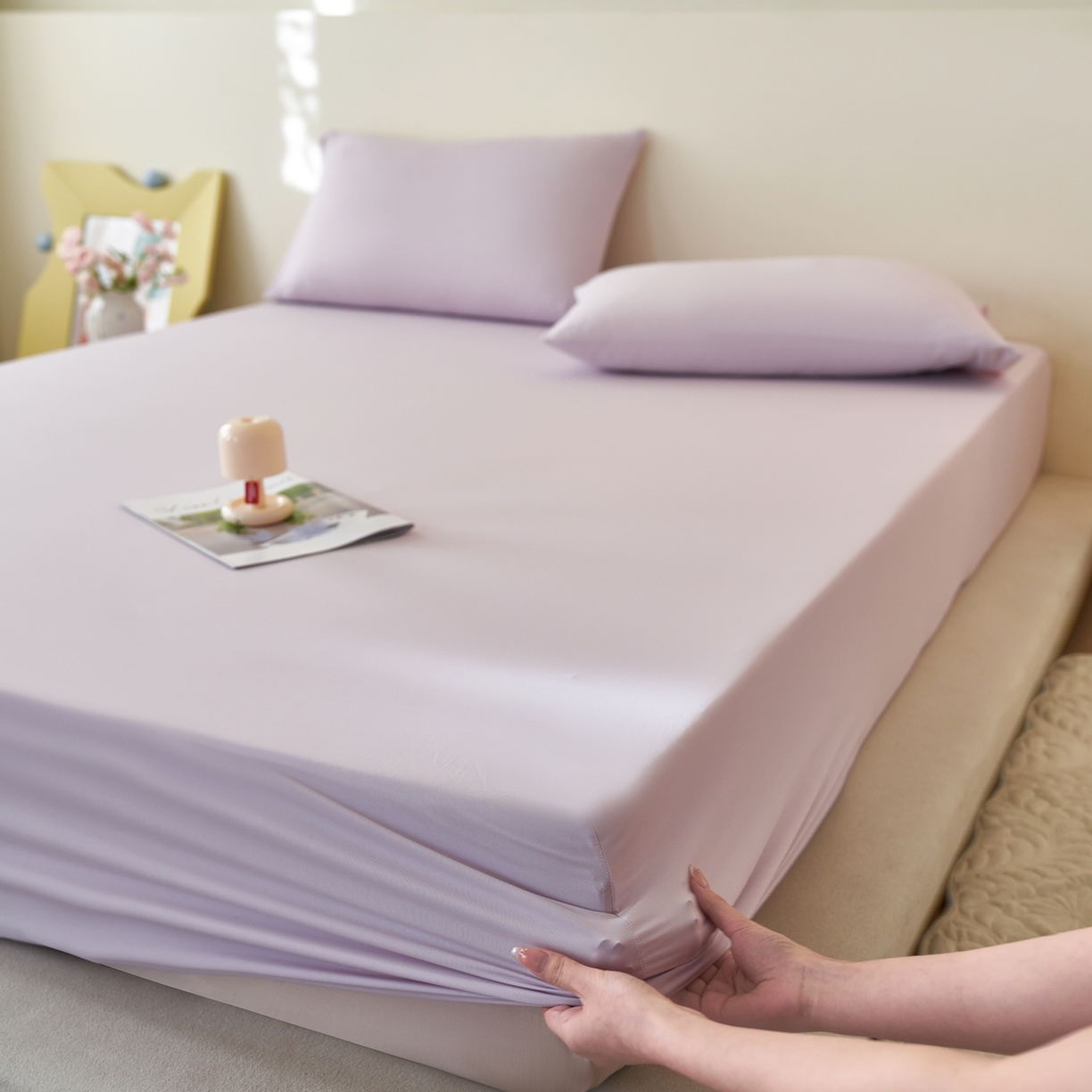 91家纺网 家纺一手货源 找家纺 亿梵家居 2026新款A类锦氨凉感床笠某姆同款冰皮纯色床笠全包围三件套 梦幻紫