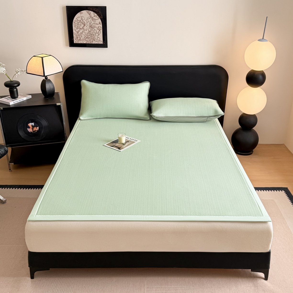 91家纺网 家纺一手货源 找家纺 欧邦 2026新款PE中分子提花冰豆豆床笠凉席 蜂巢-草绿-凉席款