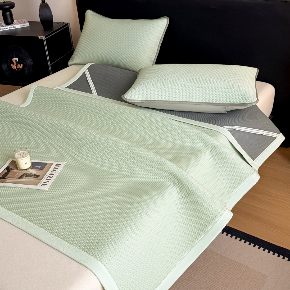 91家纺网 家纺一手货源 找家纺 欧邦 2026新款PE中分子提花冰豆豆床笠凉席 蜂巢-草绿-凉席款