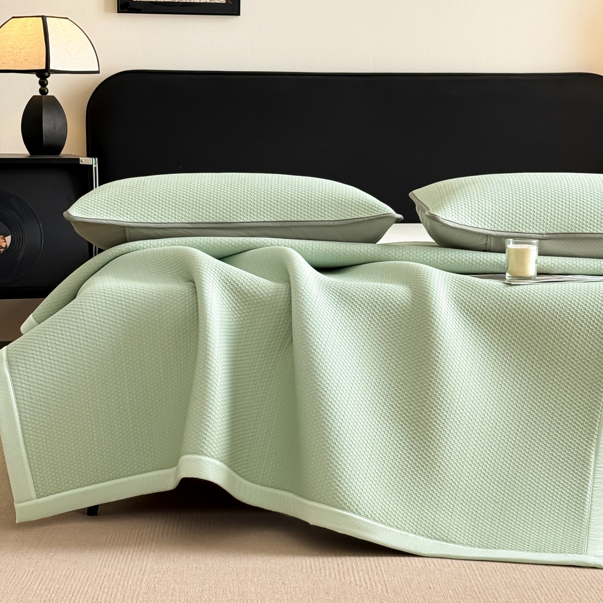 91家纺网 家纺一手货源 找家纺 欧邦 2026新款PE中分子提花冰豆豆床笠凉席 蜂巢-草绿-凉席款