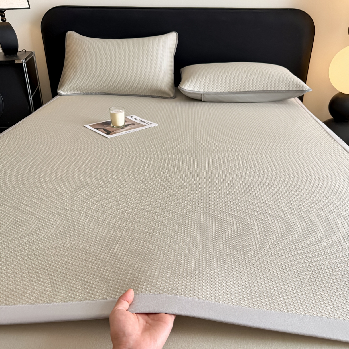 欧邦 2026新款PE中分子提花冰豆豆床笠凉席 蜂巢-卡其-凉席款