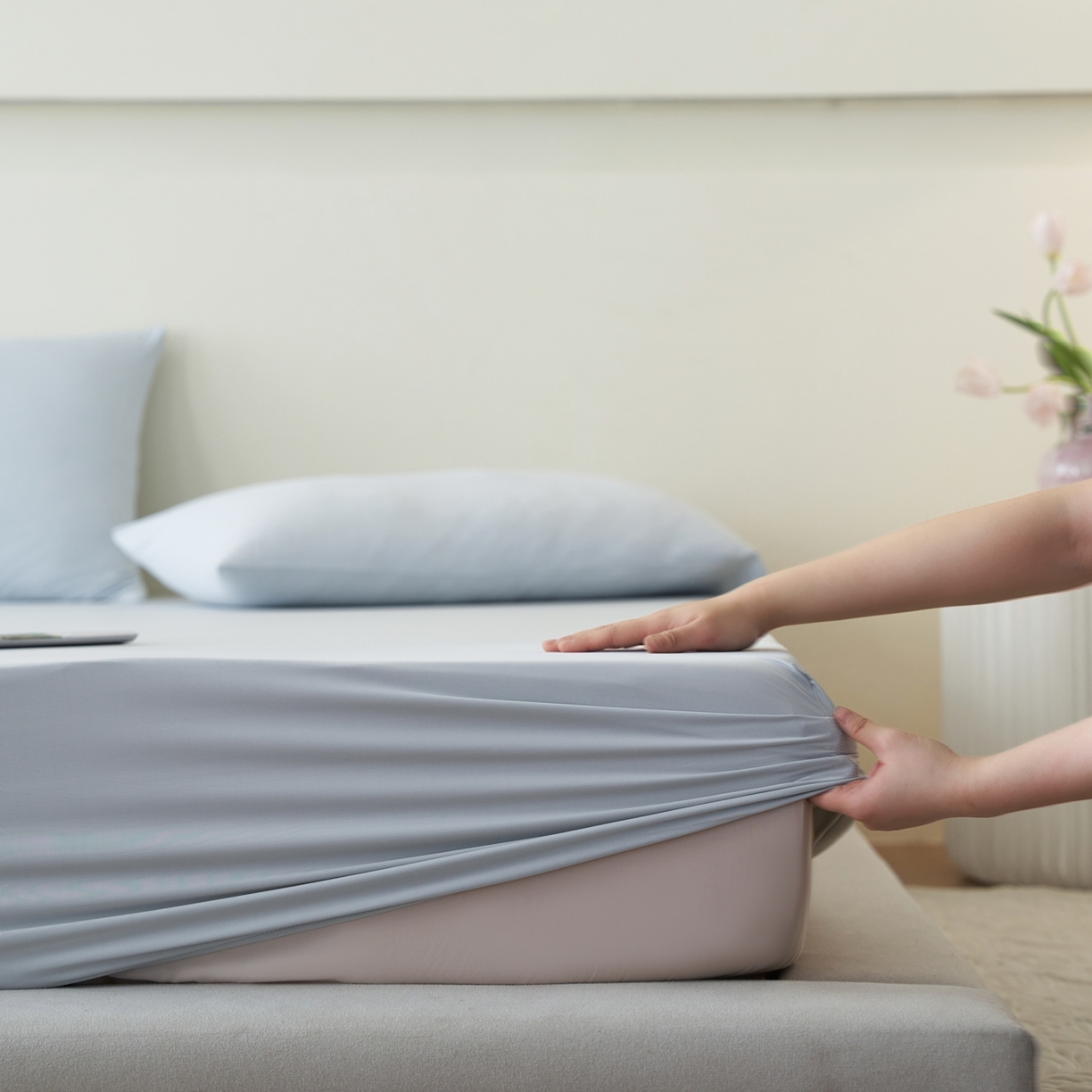 亿梵家居 2026新款A类锦氨凉感床笠某姆同款冰皮纯色床笠全包围三件套 轻奢灰