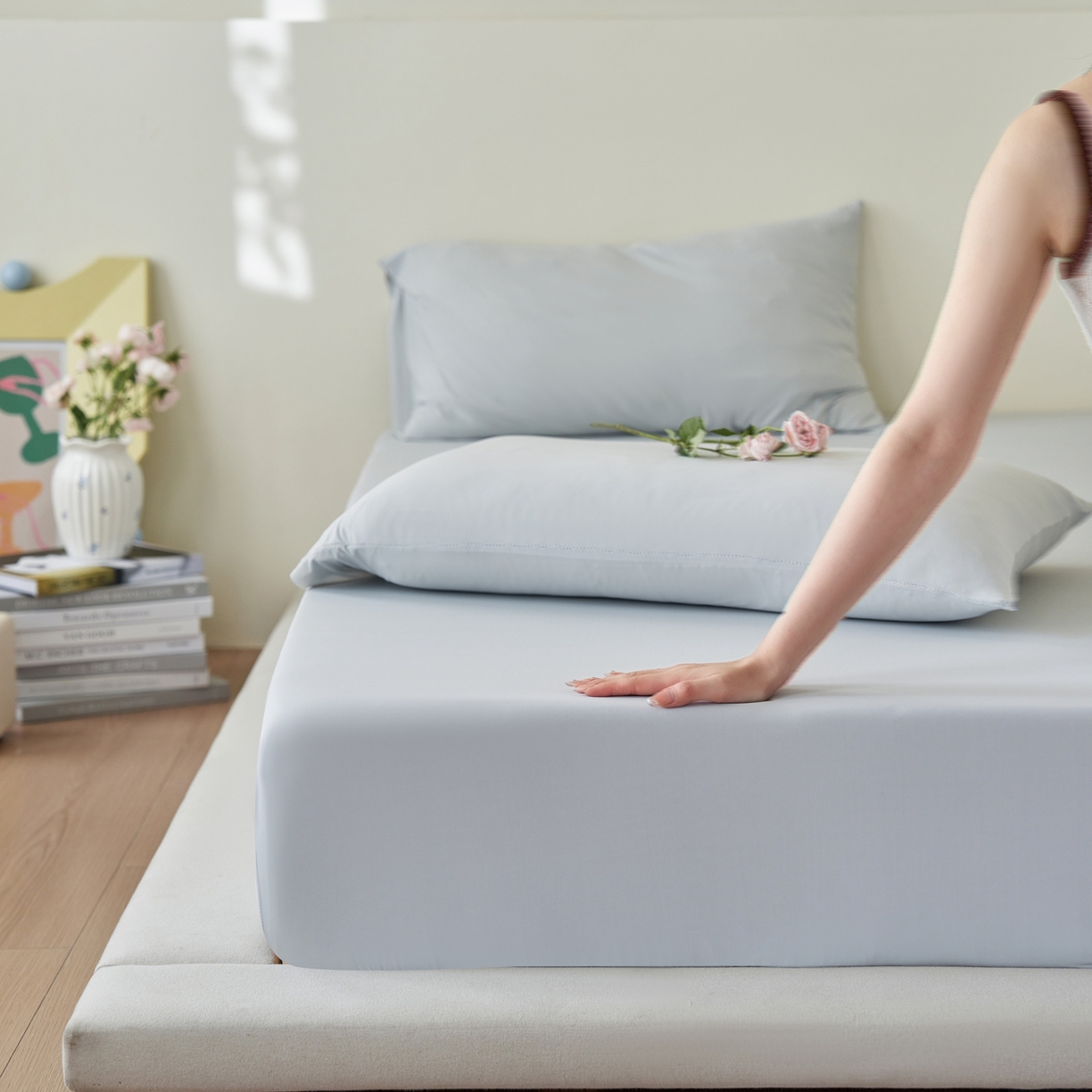 91家纺网 家纺一手货源 找家纺 亿梵家居 2026新款A类锦氨凉感床笠某姆同款冰皮纯色床笠全包围三件套 轻奢灰