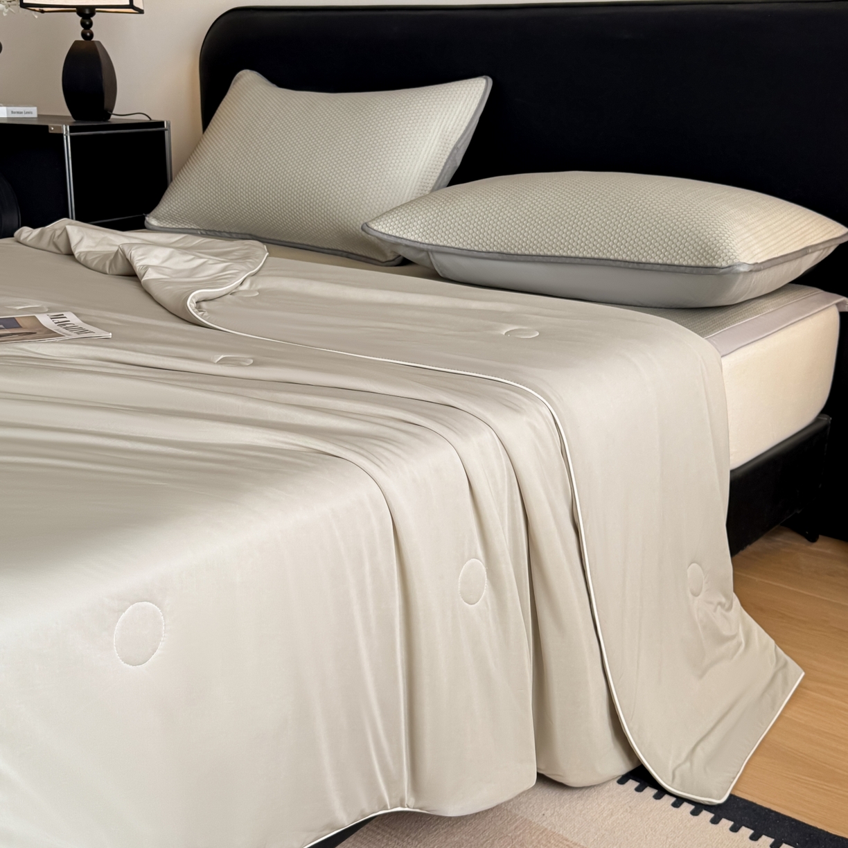 91家纺网 家纺一手货源 找家纺 欧邦 2026新款PE中分子提花冰豆豆床笠凉席 蜂巢-卡其-凉席款