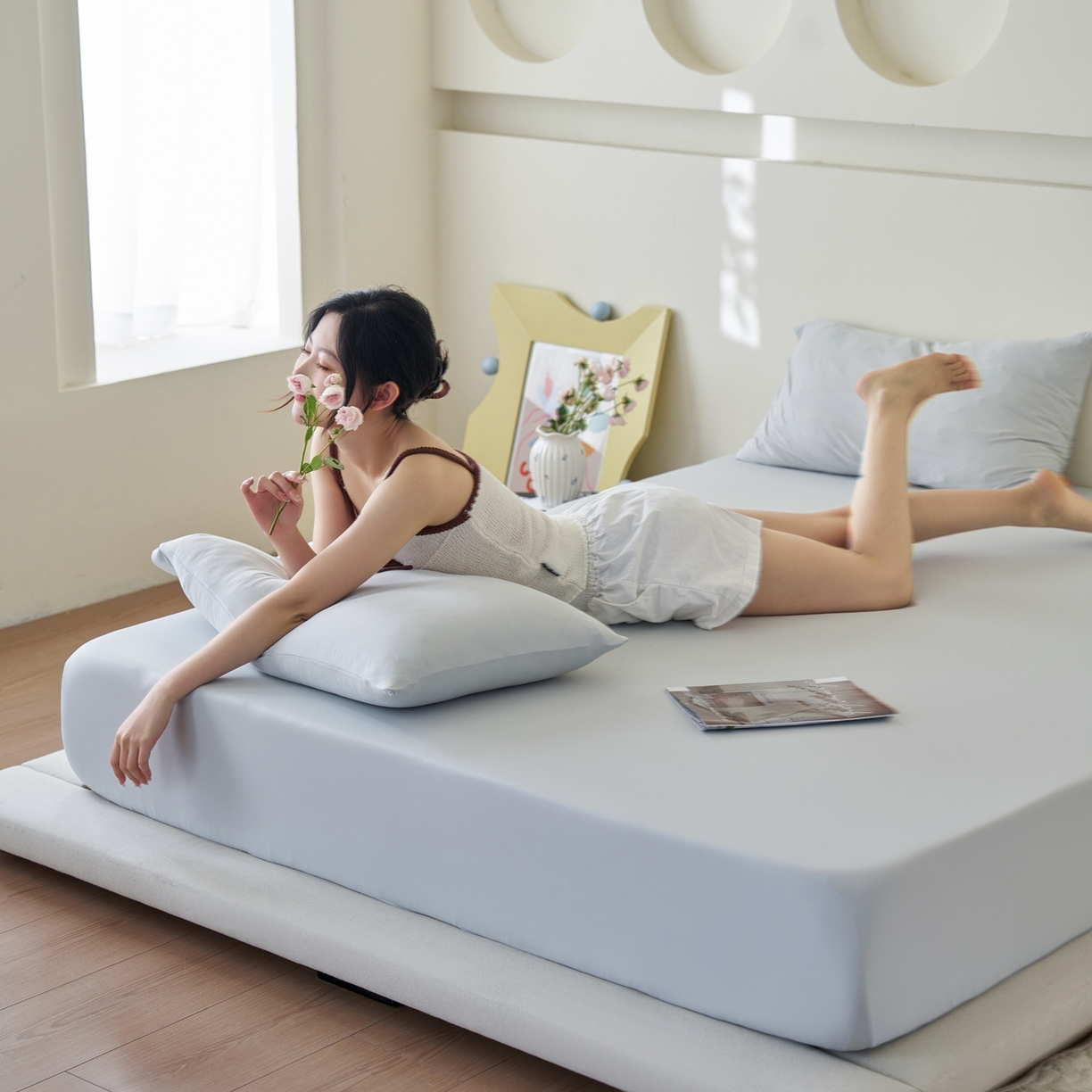 91家纺网 家纺一手货源 找家纺 亿梵家居 2026新款A类锦氨凉感床笠某姆同款冰皮纯色床笠全包围三件套 轻奢灰