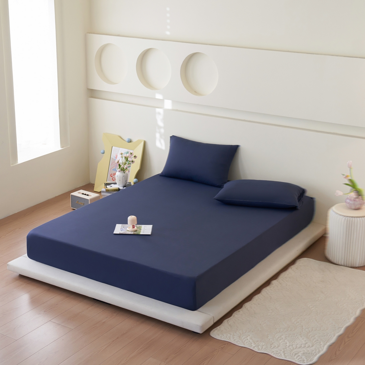 91家纺网 家纺一手货源 找家纺 亿梵家居 2026新款A类锦氨凉感床笠某姆同款冰皮纯色床笠全包围三件套 深睡蓝