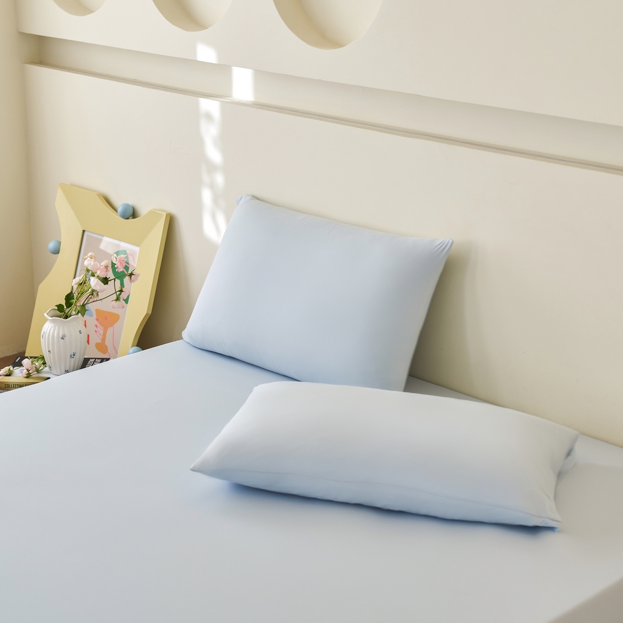 91家纺网 家纺一手货源 找家纺 亿梵家居 2026新款A类锦氨凉感床笠某姆同款冰皮纯色床笠全包围三件套 天空蓝