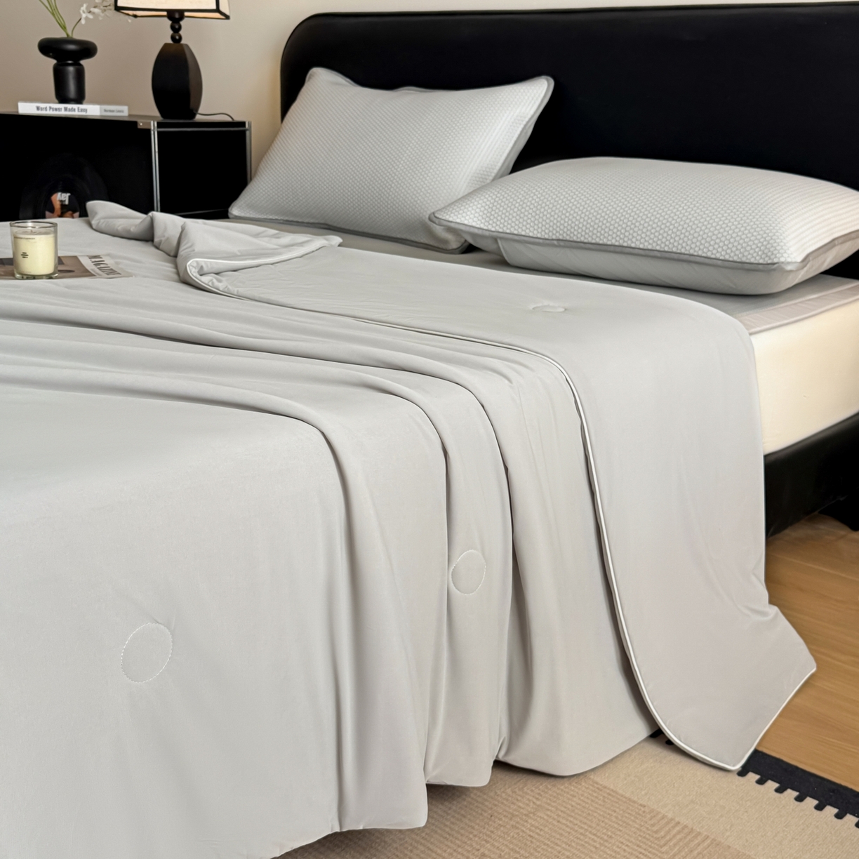 91家纺网 家纺一手货源 找家纺 欧邦 2026新款PE中分子提花冰豆豆床笠凉席 蜂巢-浅灰-凉席款