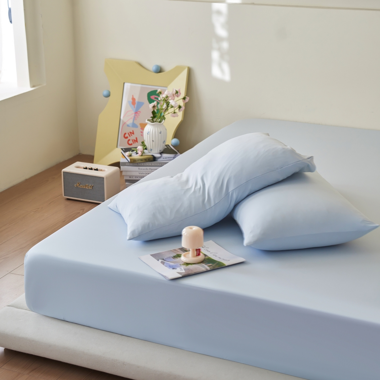 91家纺网 家纺一手货源 找家纺 亿梵家居 2026新款A类锦氨凉感床笠某姆同款冰皮纯色床笠全包围三件套 天空蓝