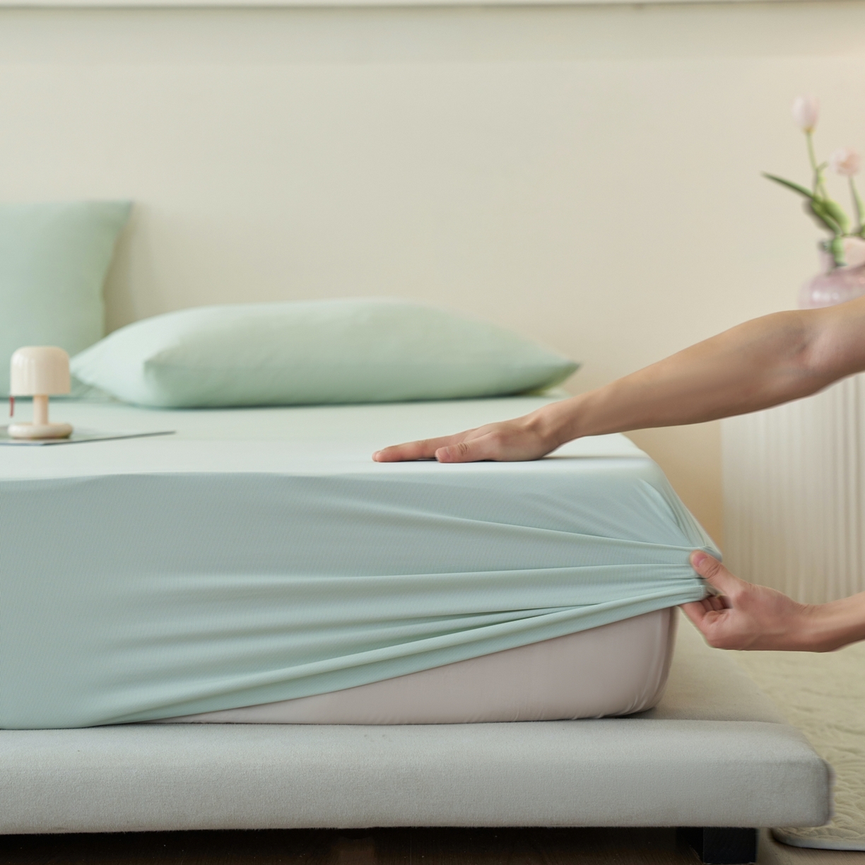 亿梵家居 2026新款A类锦氨凉感床笠某姆同款冰皮纯色床笠全包围三件套 星辰绿