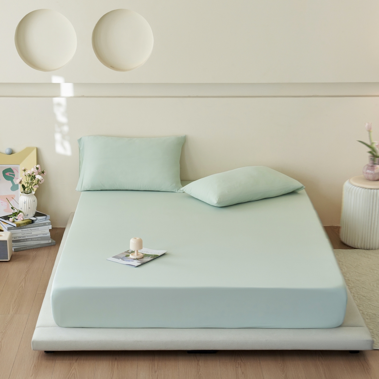 91家纺网 家纺一手货源 找家纺 亿梵家居 2026新款A类锦氨凉感床笠某姆同款冰皮纯色床笠全包围三件套 星辰绿