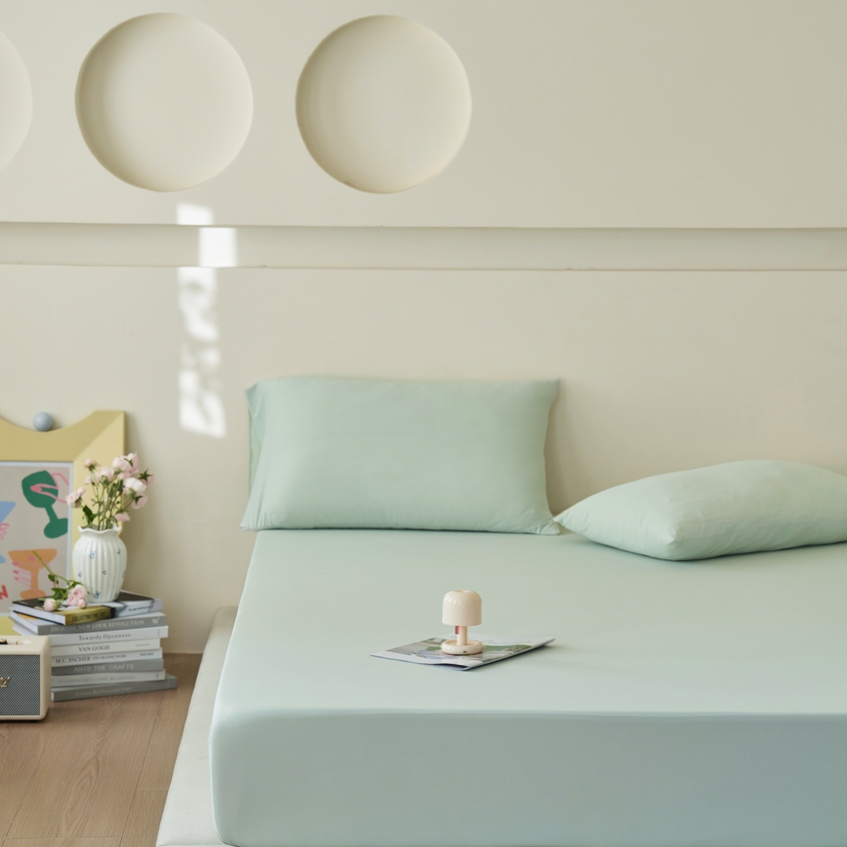 91家纺网 家纺一手货源 找家纺 亿梵家居 2026新款A类锦氨凉感床笠某姆同款冰皮纯色床笠全包围三件套 星辰绿