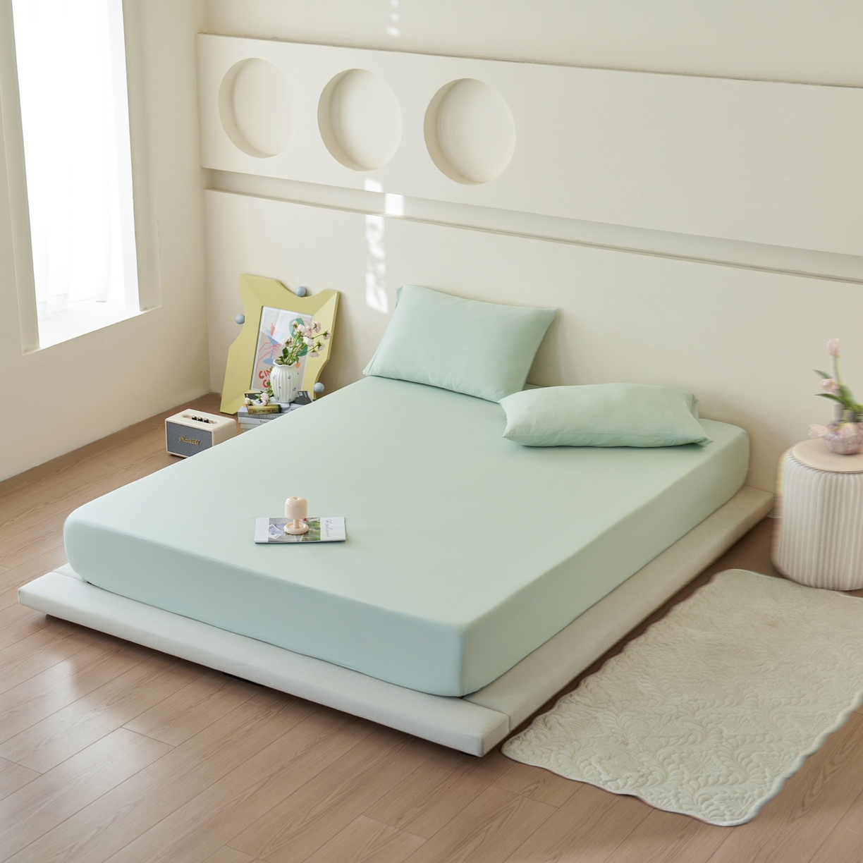 91家纺网 家纺一手货源 找家纺 亿梵家居 2026新款A类锦氨凉感床笠某姆同款冰皮纯色床笠全包围三件套 星辰绿