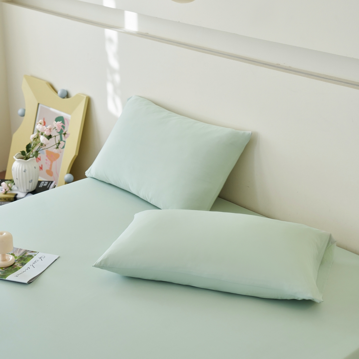 91家纺网 家纺一手货源 找家纺 亿梵家居 2026新款A类锦氨凉感床笠某姆同款冰皮纯色床笠全包围三件套 星辰绿