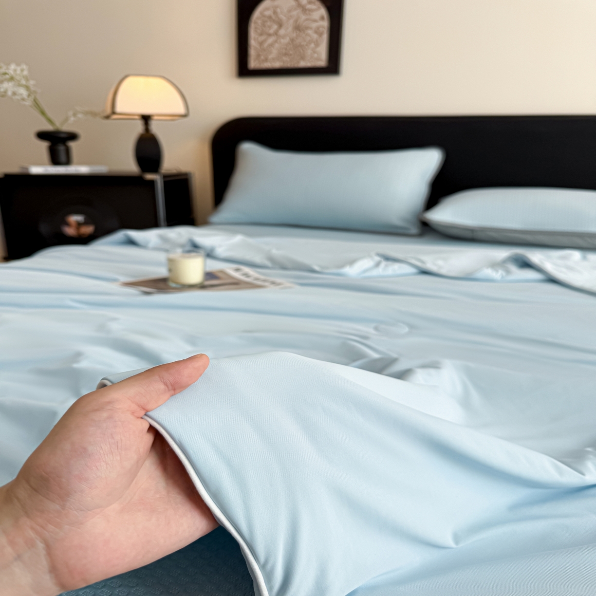 91家纺网 家纺一手货源 找家纺 欧邦 2026新款PE中分子提花冰豆豆床笠凉席 蜂巢-浅蓝-凉席款