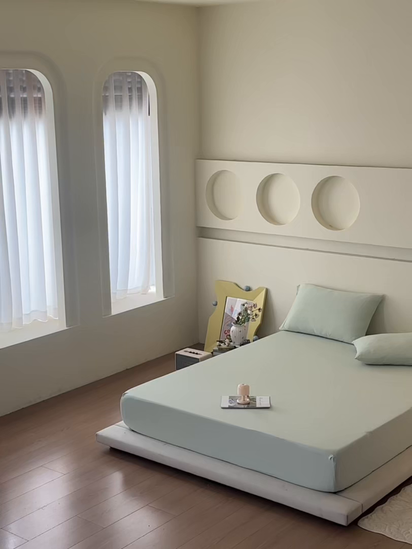 91家纺网 家纺一手货源 找家纺 亿梵家居 2026新款A类锦氨凉感床笠某姆同款冰皮纯色床笠全包围三件套 星辰绿