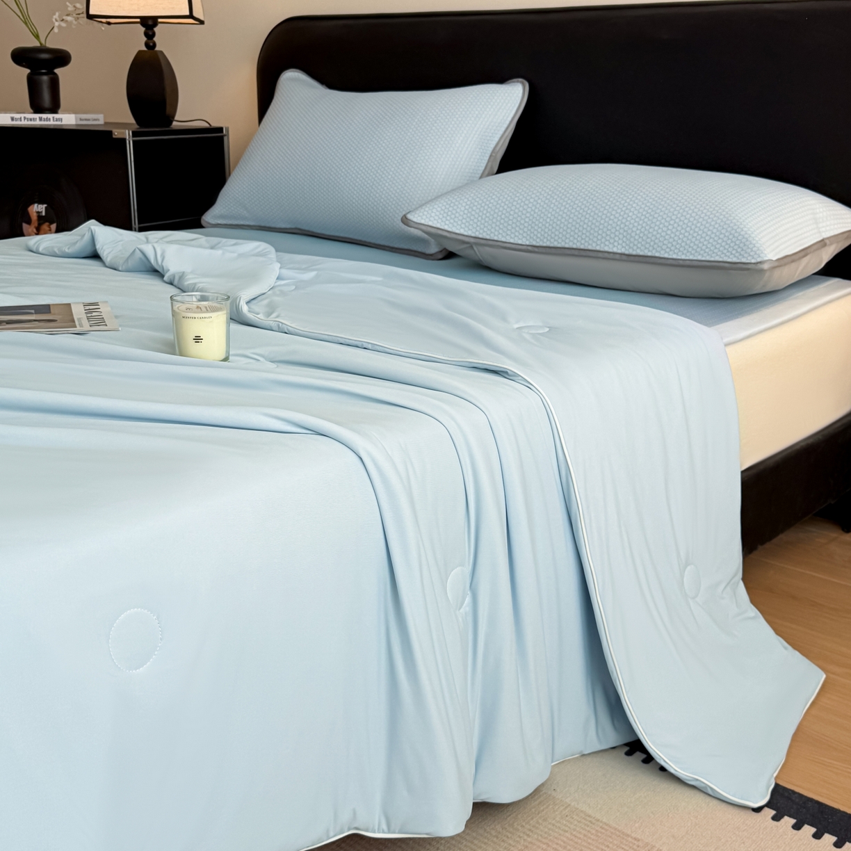 91家纺网 家纺一手货源 找家纺 欧邦 2026新款PE中分子提花冰豆豆床笠凉席 蜂巢-浅蓝-凉席款