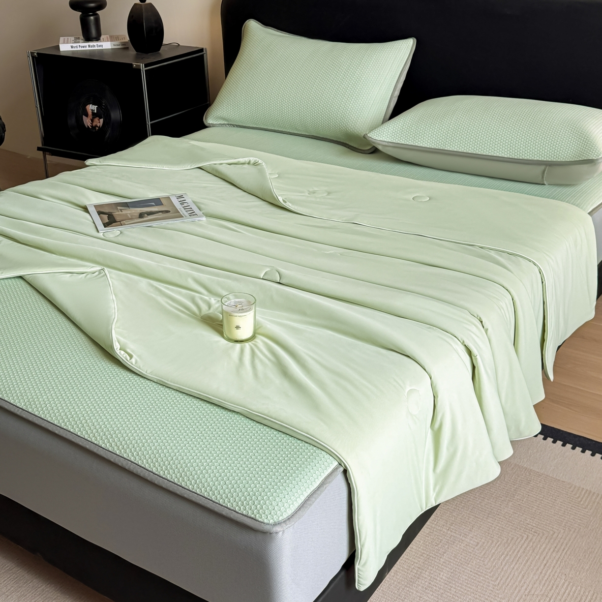 91家纺网 家纺一手货源 找家纺 欧邦 2026新款PE中分子提花冰豆豆床笠凉席 蜂巢-草绿-床笠款