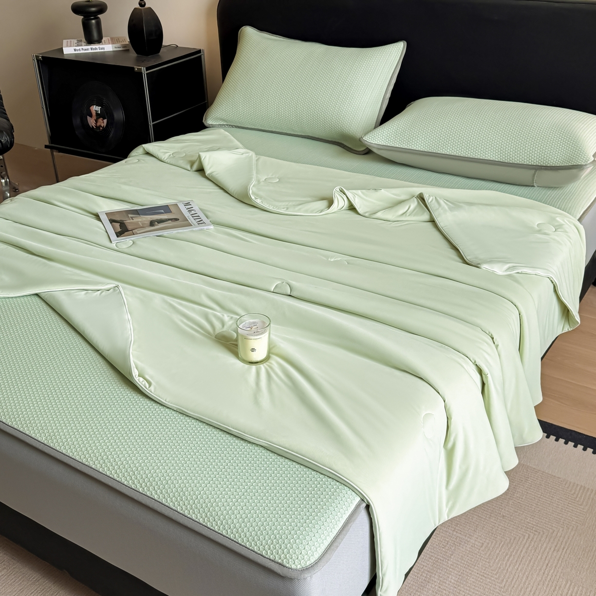 91家纺网 家纺一手货源 找家纺 欧邦 2026新款PE中分子提花冰豆豆床笠凉席 蜂巢-草绿-床笠款