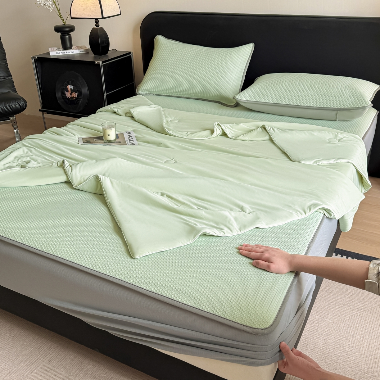 91家纺网 家纺一手货源 找家纺 欧邦 2026新款PE中分子提花冰豆豆床笠凉席 蜂巢-草绿-床笠款