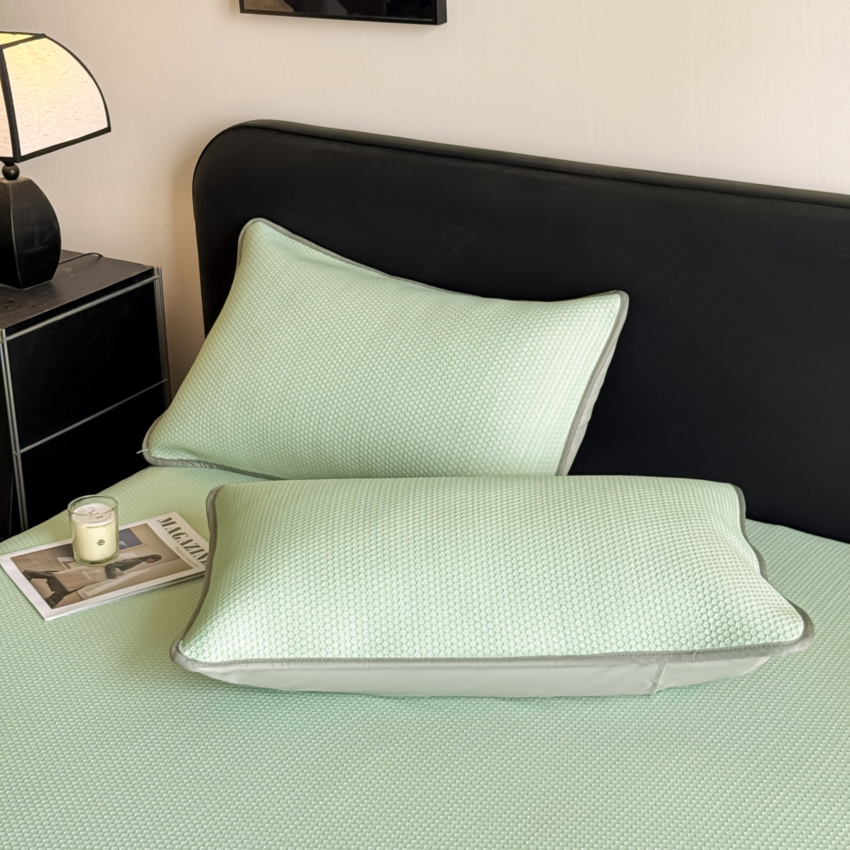 91家纺网 家纺一手货源 找家纺 欧邦 2026新款PE中分子提花冰豆豆床笠凉席 蜂巢-草绿-床笠款