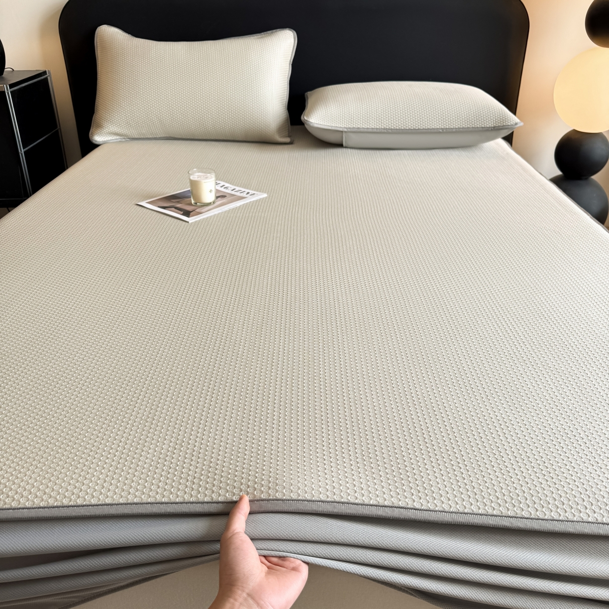 欧邦 2026新款PE中分子提花冰豆豆床笠凉席 蜂巢-卡其-床笠款