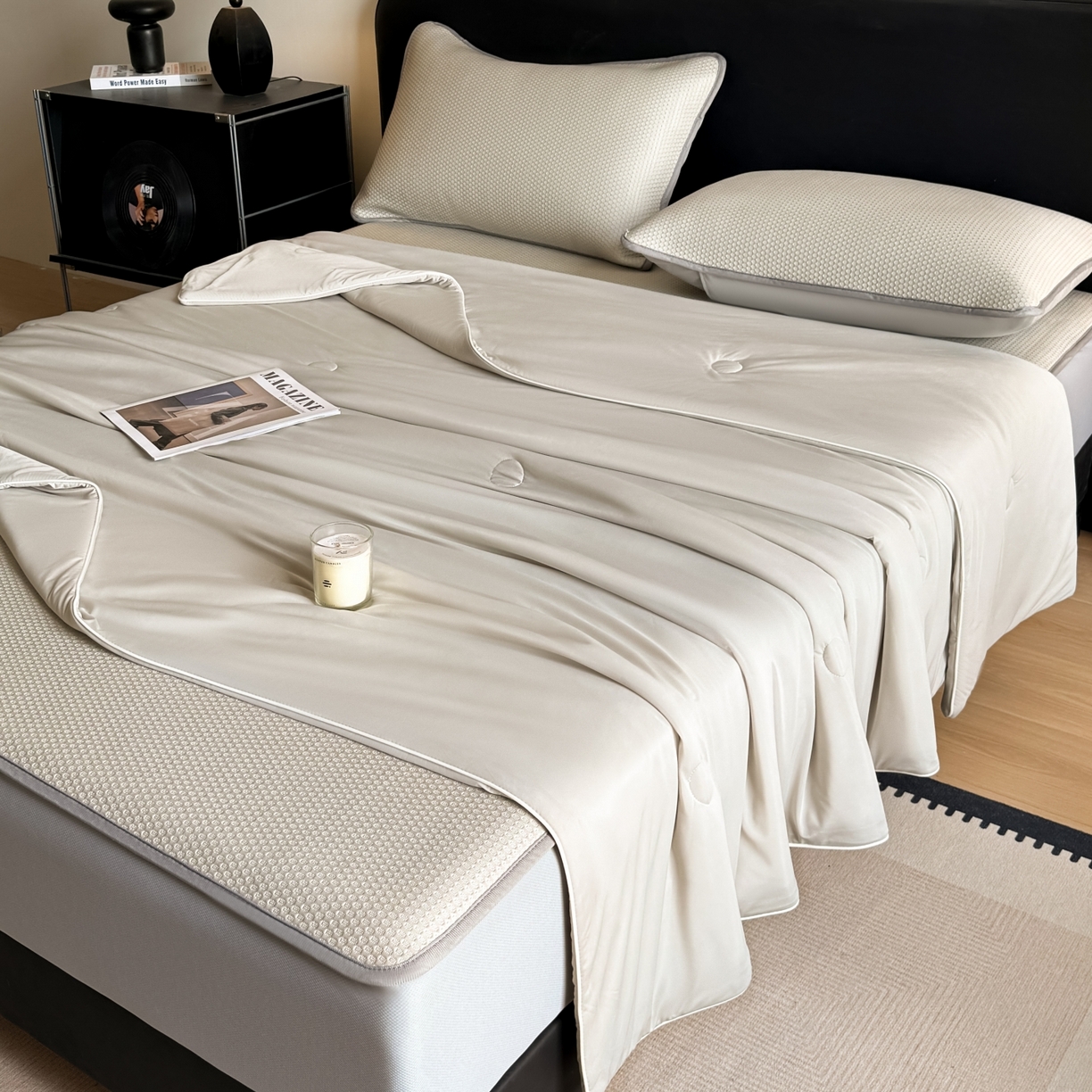 91家纺网 家纺一手货源 找家纺 欧邦 2026新款PE中分子提花冰豆豆床笠凉席 蜂巢-卡其-床笠款