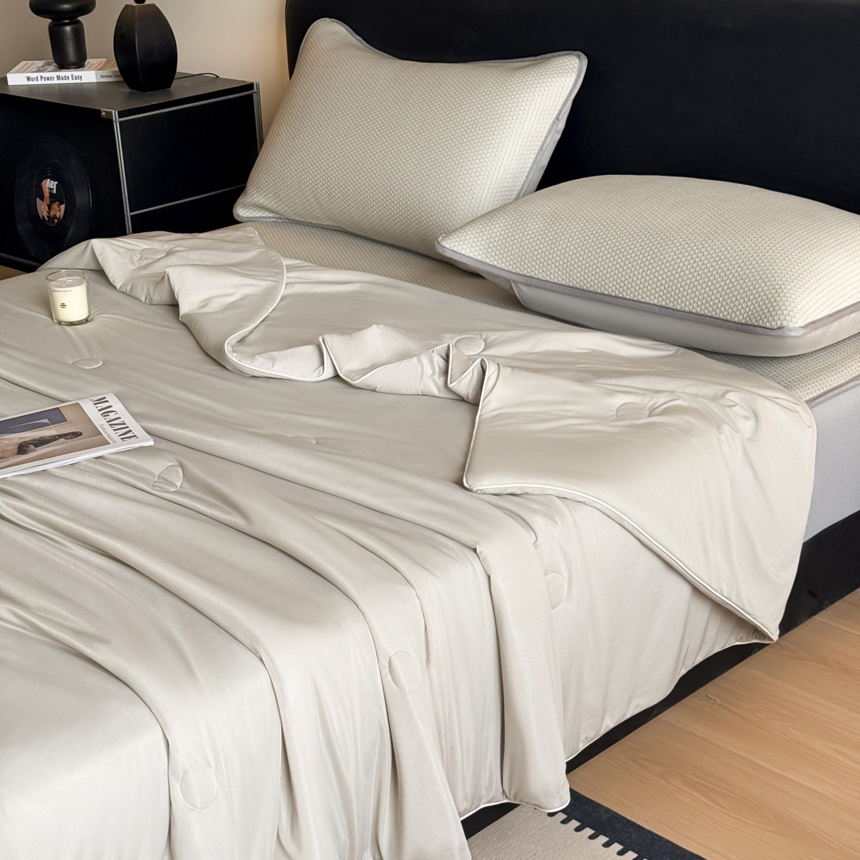 91家纺网 家纺一手货源 找家纺 欧邦 2026新款PE中分子提花冰豆豆床笠凉席 蜂巢-卡其-床笠款