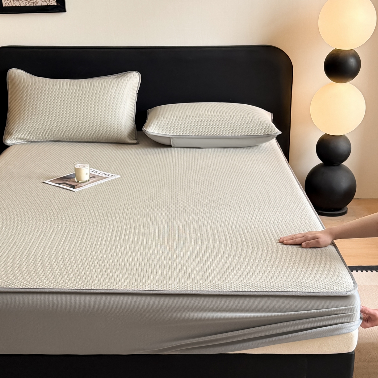 91家纺网 家纺一手货源 找家纺 欧邦 2026新款PE中分子提花冰豆豆床笠凉席 蜂巢-卡其-床笠款